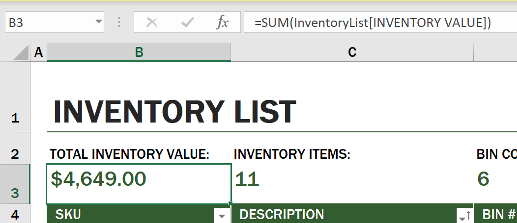 A highlighted function from an example inventory list in Microsoft Excel
